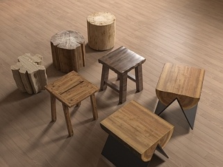 侘寂凳子组合_侘寂实木凳子_圆凳_树桩凳SU模型