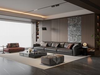 现代意式家居客厅_皮质沙发茶几组合_休闲椅_沙发凳_沙发背景墙_落地灯SU模型