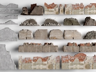 现代景墙_现代做旧水泥墙_残缺墙_工业风破损墙SU模型