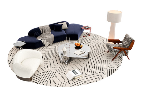 03-奶油中古沙发组合_沙发茶几组合_异形沙发_金属茶几_单人休闲椅_模块沙发3D模型