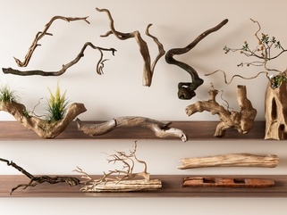 新中式雕塑摆件_木雕_枯树枝_干枝_枯树绿植摆件_旧木头SU模型