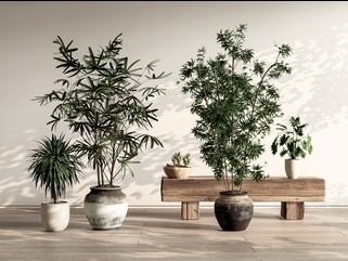 中古风盆栽_长凳_老木头SU模型