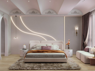 简欧式奶油白家居卧室 雕花吊顶 双人床 双人沙发-