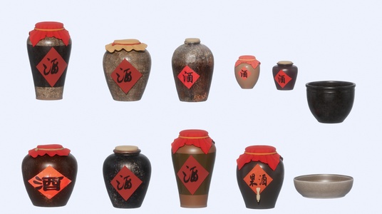 中式酒缸_酒坛_陶罐_酒水用品SU模型