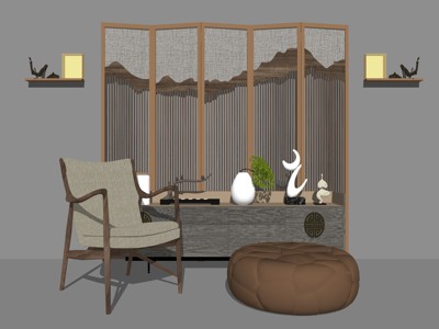 新中式风格单人休闲沙发组合 su草图模型