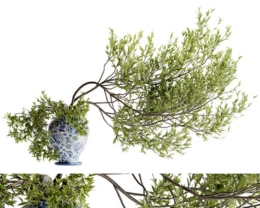 青瓷花盆中的树枝花束,植物插画SU模型