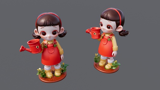 红衣服浇花的小女孩雕塑SU模型