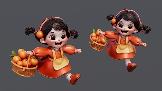 橙色衣服挂篮子采果子的小女孩 su草图模型