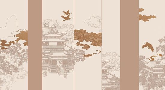 新中式古建祥云壁纸壁画背景画壁布 (1)