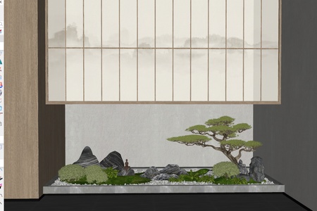 新中式禅意室内景观_景观造景_庭院景观_景观小品_天井室内景观_迎客松SU模型