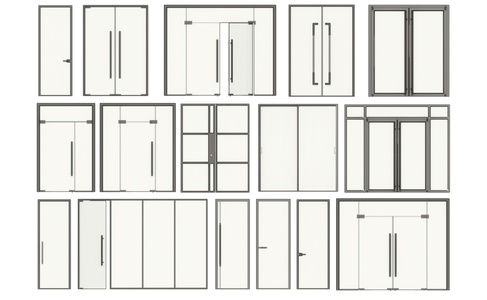 现代玻璃双开门_玻璃单开门_办公玻璃门_玻璃隔断SU模型