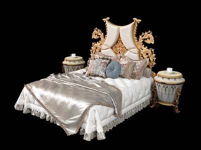 欧式法式巴洛克古典雕花双人床圆形床头柜SU模型