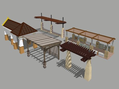 新中式风格廊架花架连廊凉亭 su草图模型