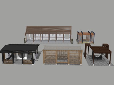 新中式风格亭子花架连廊凉亭 su草图模型