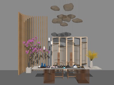 新中式风格休闲桌椅茶桌屏风 su草图模型