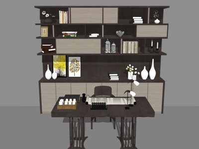 新中式书桌书柜组合 su草图模型