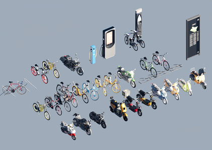 摩托车_现代共享单车_外卖车摩托车自行车充电桩SU模型