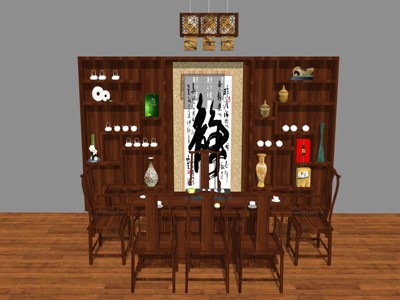 中式茶台组合装饰柜茶桌椅 su草图模型