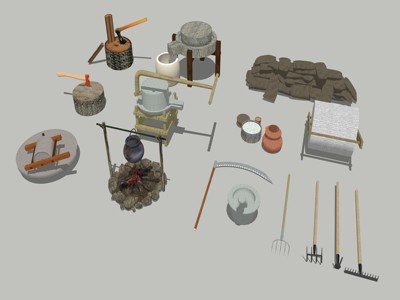 中式柴火石磨沙袋耕具农业用具 su草图模型