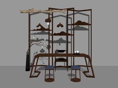 中式风格茶几桌椅组合 su草图模型