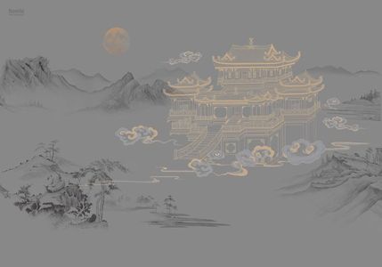 新中式古建山脉线条床头沙发背景画屏风画壁纸壁布 (20)