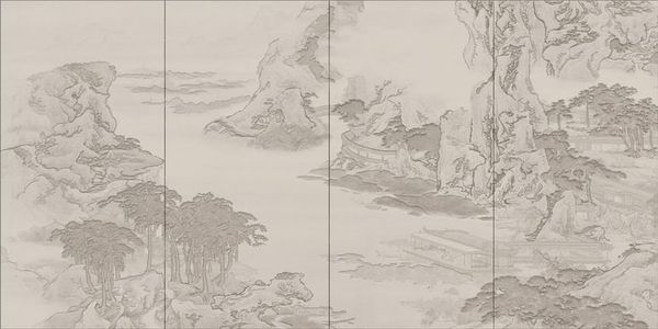 新中式山脉山水床头沙发背景画屏风画壁纸壁布 (38)