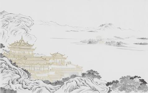 新中式山脉山水床头沙发背景画屏风画壁纸壁布 (39)