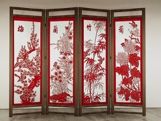 中式屏风隔断_非遗文化剪纸屏风_梅兰竹菊剪纸屏风_民俗文化剪纸展示_艺术文化屏风摆件SU模型