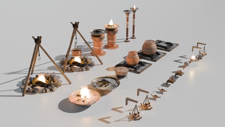 中古影视_火盆_古代壁灯_古代油灯_篝火架_古代篝火堆SU模型