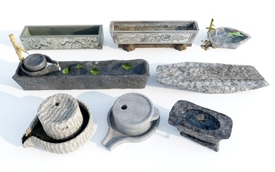 新中式庭院小品_乡村小品_庭院小品_水槽_磨盘SU模型