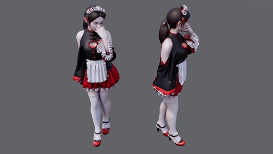 黑色衣服红色裙子的女仆 su草图模型