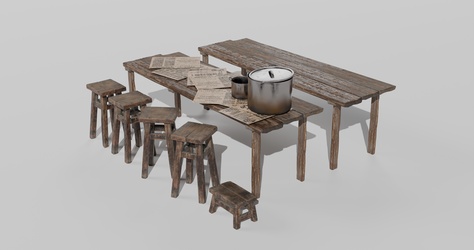 中式复古休闲桌椅_长条桌_高脚凳_小板凳_木制桌凳SU模型