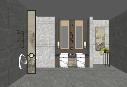 新中式公共卫生间小便器中式盆景隔断托盘SU模型