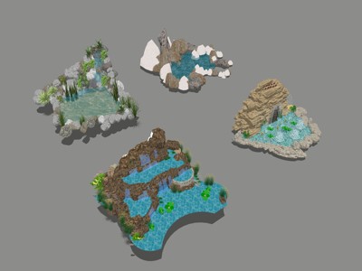 中式假山水景 su草图模型