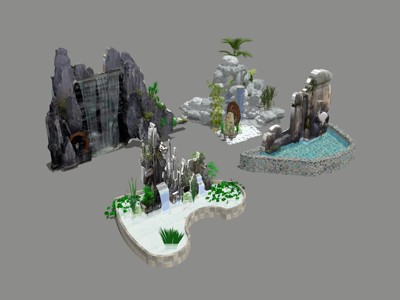 中式假山水景 su草图模型