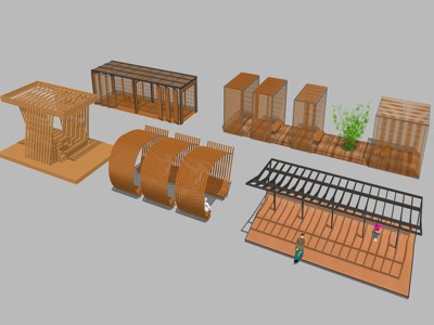 中式廊架连廊凉亭花架 su草图模型