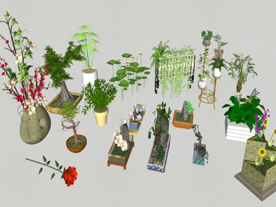 中式盆栽花卉植物荷叶花瓶 su草图模型