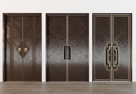 新中式双开门_入户门su模型