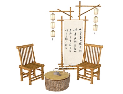 新中式竹椅_户外休闲椅su模型