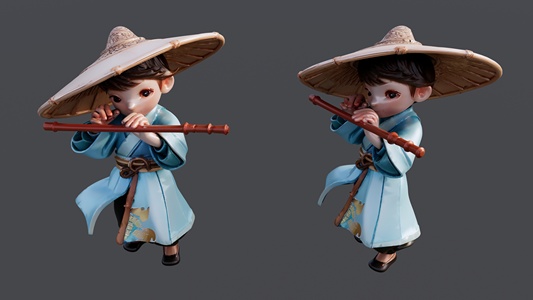 戴草帽吹笛子的古装小男孩 su草图模型