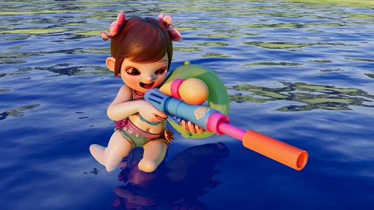 手持加长水枪的小女孩