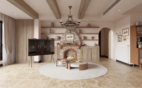 中古风客厅，美式客厅，圆形茶几，装饰画，移动电视，3d模型下载