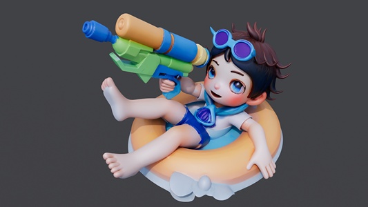 戴泳镜坐在游泳圈上玩挤水枪的小男孩