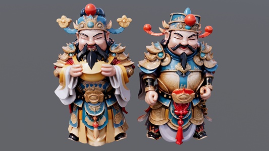 两个财神雕塑组合