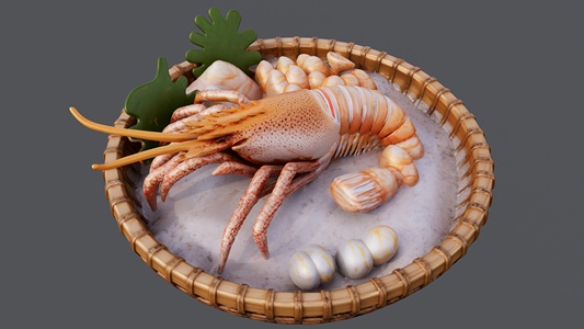 一筐新鲜的大龙虾海鲜