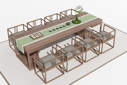 新中式会议桌新中式茶桌苔藓茶壶点心盒3D模型(2021)