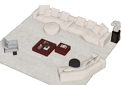 中古现代多人沙发_沙发茶几组合SU模型