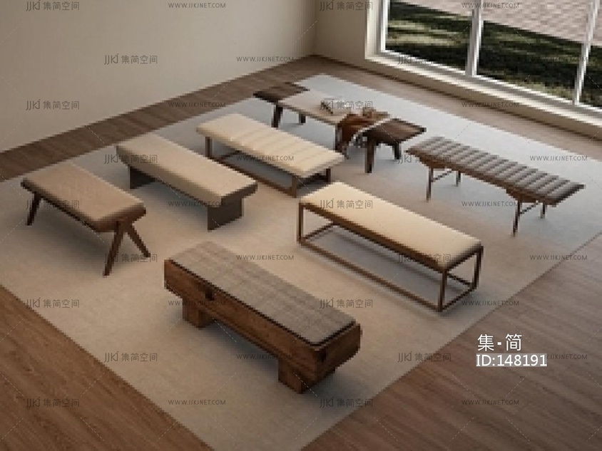 侘寂中古长条凳组合SU模型