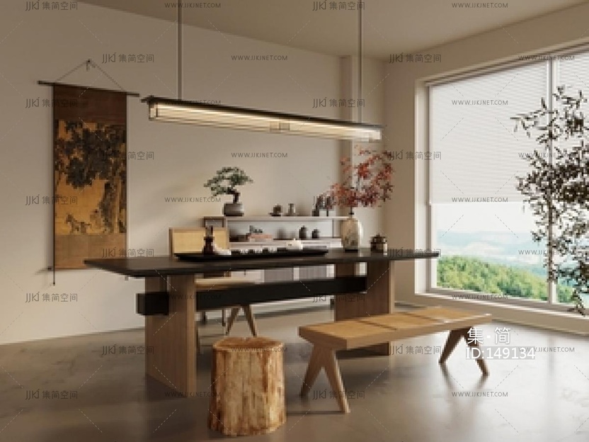 中古风茶桌椅组合_茶台_家具_水柜_流水茶桌椅SU模型