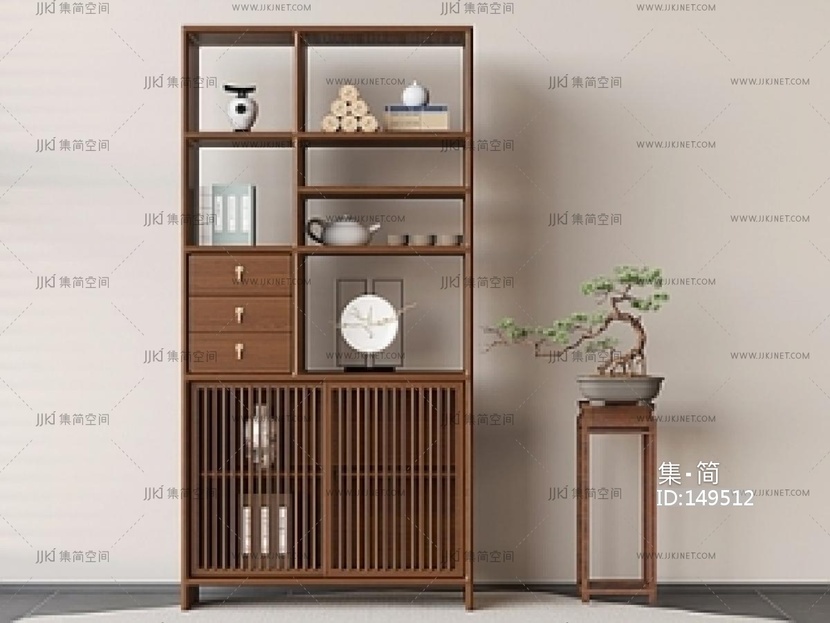 新中式实木博古架SU模型
